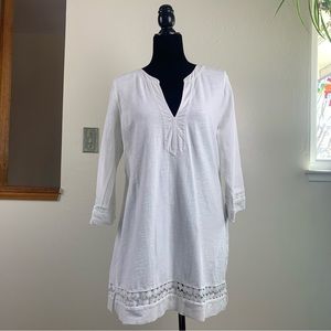 J CREW - Crochet Trim Tunic Top Dress White 100% Cotton Jersey V Neck Pullover